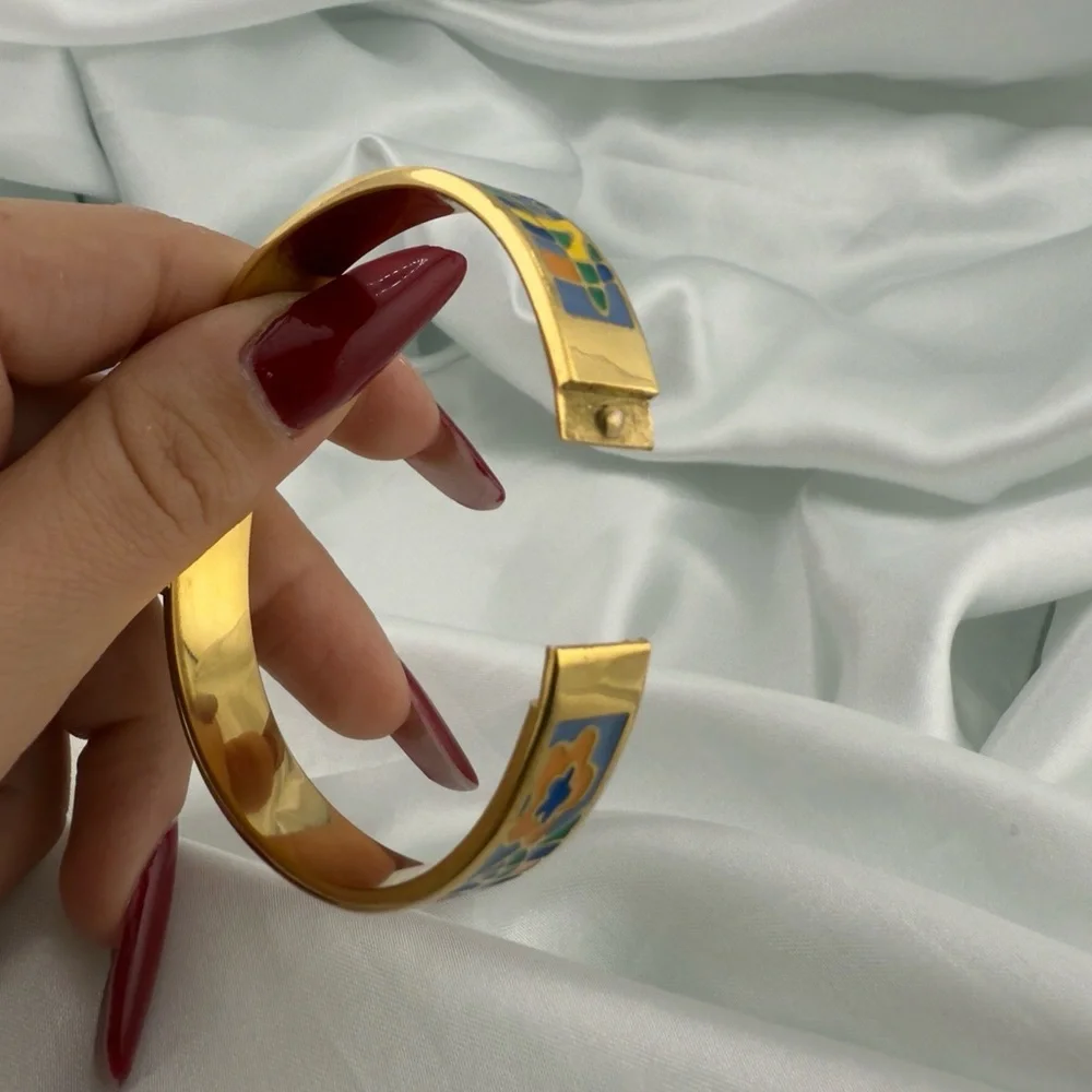 Colorful Anthropologie Gold Bracelet with Blue and Yellow Enamel